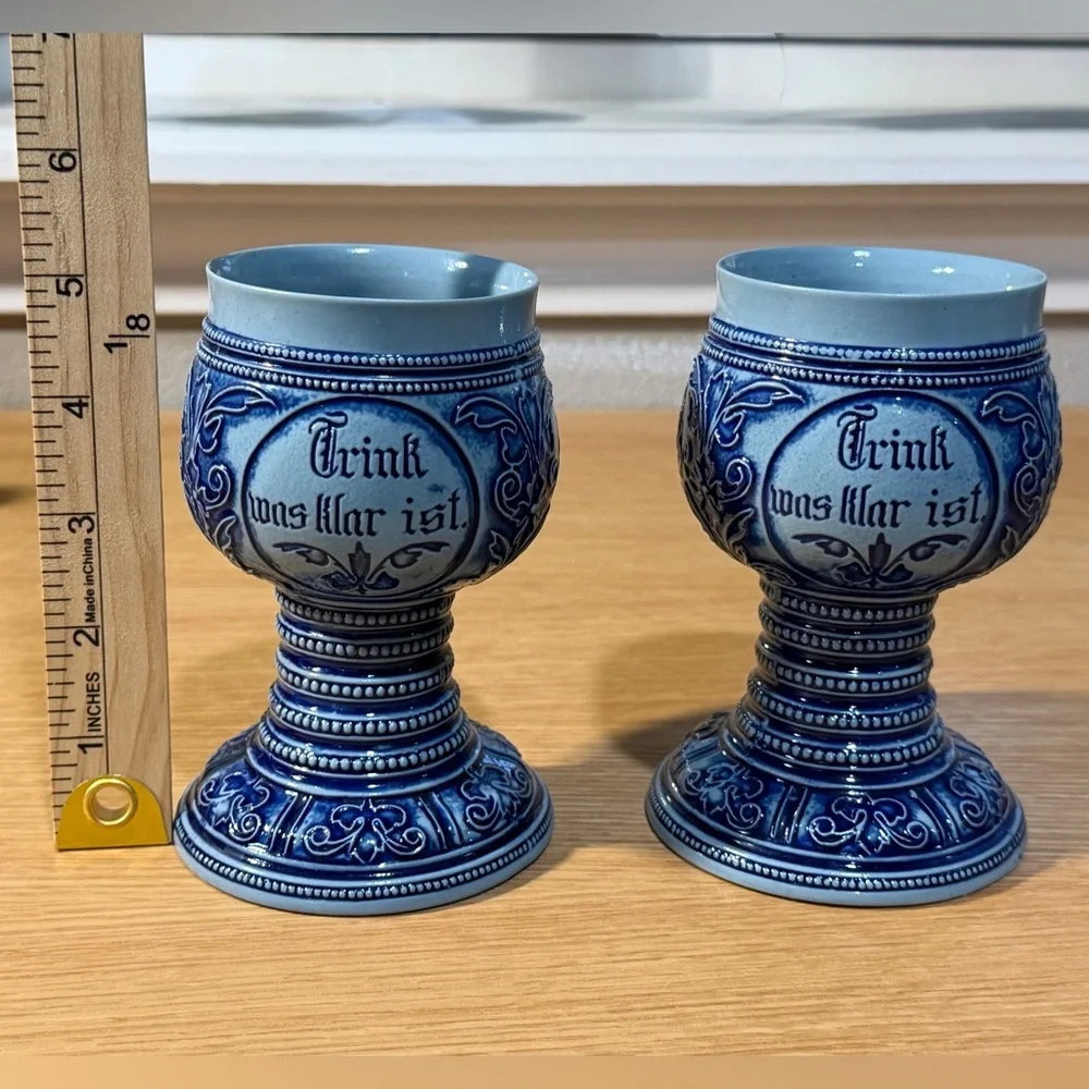 Vintage German Ceramic Wine Beer Cups Set- Plein Weinkrug und Weinbecher 1900